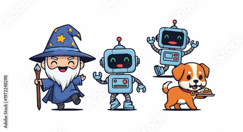 Cheerful Cartoon Wizard, Robots, and a Happy Dog with Pizza.