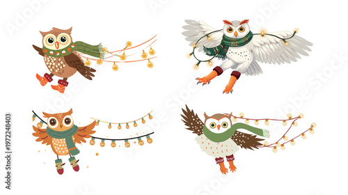 Owl flying with a string of golden lights wearing a green scarf whimsical magical winter illustration enchanting night sky festive cozy bird vector art charming decorative concept