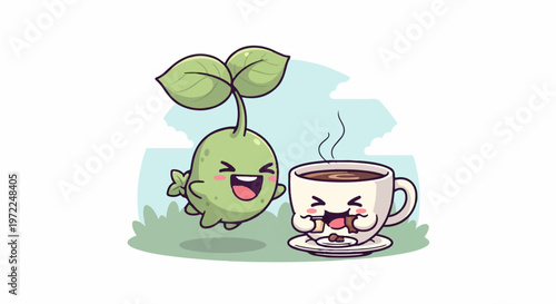 Cheerful Plant and Coffee Cup Sharing a Moment of Joy.