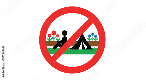 Red prohibition sign indicating no camping or picnicking in a grassy area with flowers