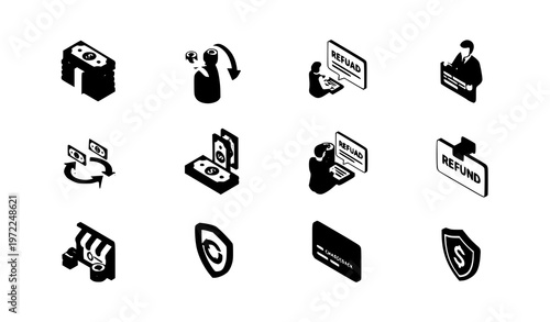 Isometric chargeback and refund icon set with return money payment reversal and finance symbols 3d vector