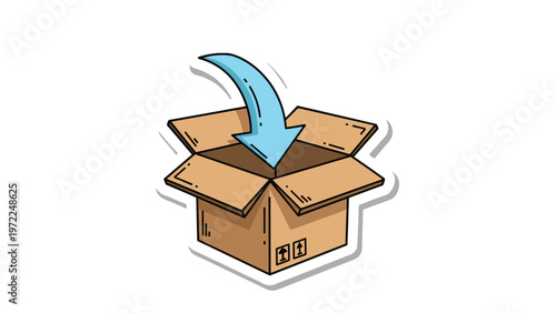 Open cardboard box with a blue arrow pointing inside signifies incoming shipments or items being placed into storage.