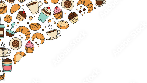 Bakery and cafe items arranged in a corner pattern including coffee cups, croissants, and cupcakes on white background.