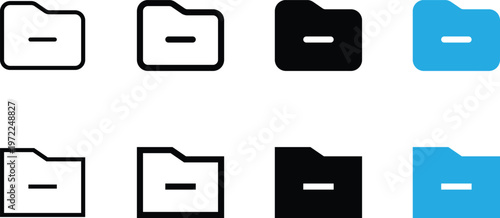 Set of folder with minus sign icons, vector illustration of file management symbols, remove folder signs in different styles