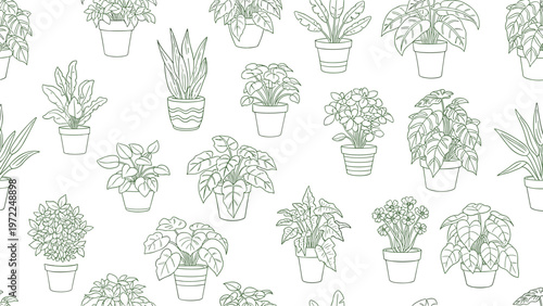 Seamless pattern of various potted indoor plants in green outlines represents home gardening and urban jungle aesthetics.