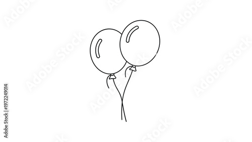 Two balloons on strings illustration in simple black line art style represents celebrations, parties, and festive events.