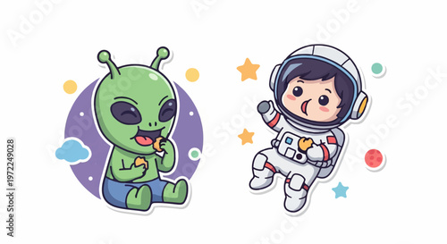 Cute Cartoon Alien and Astronaut Characters Floating in Space.