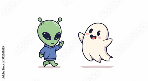 Cute Cartoon Alien and Friendly Ghost Interacting with Each Other.