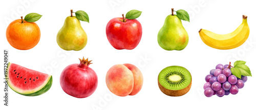 A charming watercolor collection of fresh fruits featuring colorful tropical and orchard produce illustrated in a natural food illustration style.