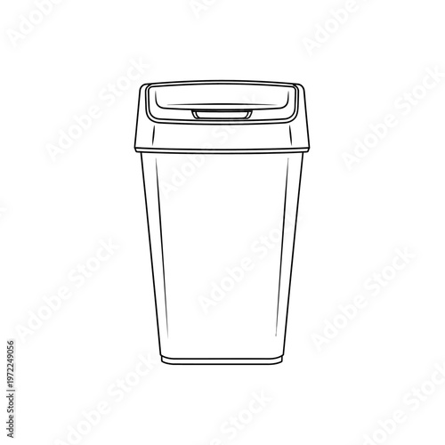 Line drawing of a white plastic trash can with a lid on a white background.