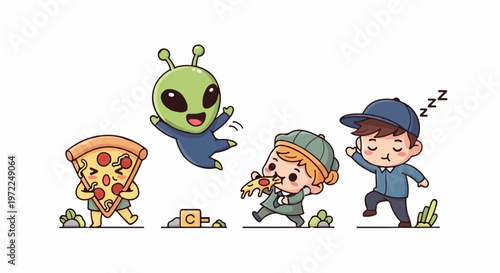 Cute Cartoon Alien and Friends Enjoying Pizza and Sleep.