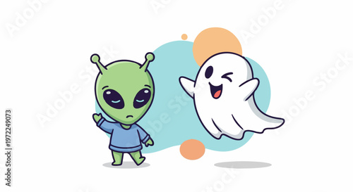 Cute Cartoon Alien and Ghost Characters Interacting on White Background.