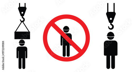 Construction safety warning sign showing danger of falling objects and prohibition of people under suspended loads