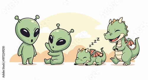 Cute Cartoon Aliens and Dragon Friends in Playful Poses.