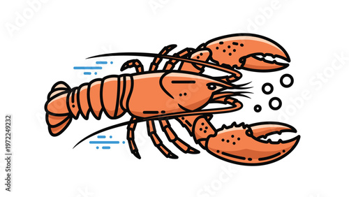 Detailed lobster illustration with bubbles and speed lines represents fresh seafood and underwater marine life themes.