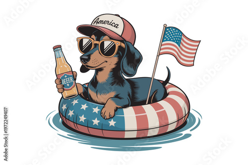 A cheerful dachshund wearing sunglasses and a patriotic hat relaxes in a pool float with a beer and american flag on transparent background.