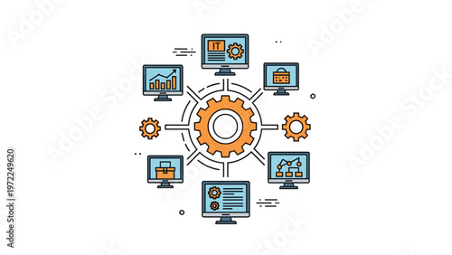 Network diagram of computer monitors connected to a central gear icon represents IT management and system integration.