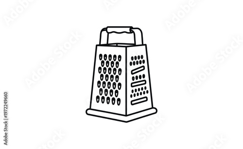 A black and white illustration of a box grater with a handle on top