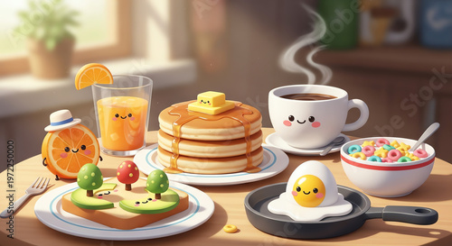 Cartoon breakfast scene with smiling foods on a wooden table indoors.