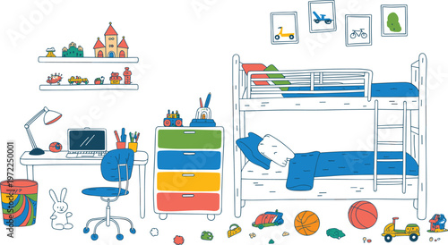 Kids bedroom interior illustration, children room furniture, bunk bed, study desk, toys, colorful decor, playful home design for kids lifestyle