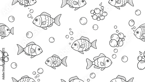 black and white seamless pattern featuring hand drawn fish and bubbles suitable for coloring books and textile projects.