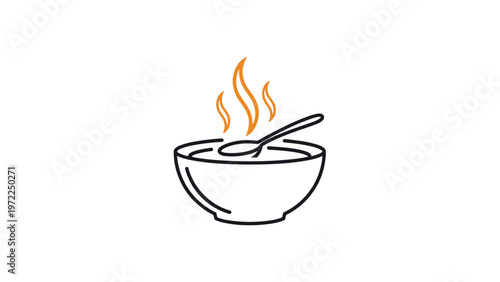 minimalist line art of a steaming bowl of hot food with a spoon representing a healthy homemade meal or delicious soup.