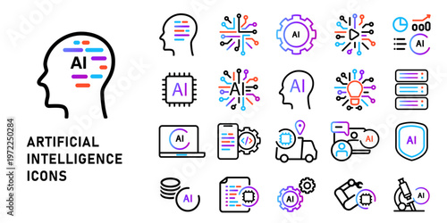 Artificial Intelligence icon set for machine learning and digital technology featuring neural networks and brain symbols with robotic automation vector line art icons future tech