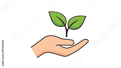human hand holding a small green plant sprout symbolising environmental care and sustainable growth on a white background.