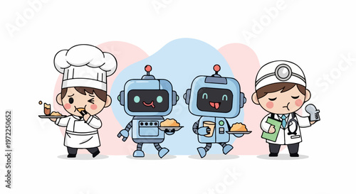 Cute Cartoon Characters Portraying Various Professions and Roles.