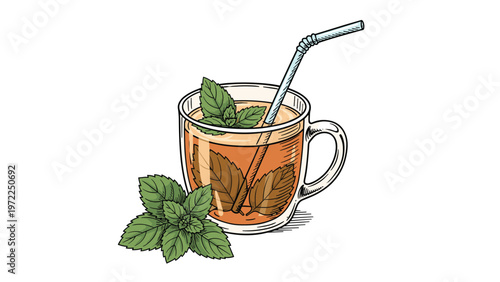 hand drawn illustration of a glass of fresh mint tea with leaves and a straw representing a healthy beverage and wellness.