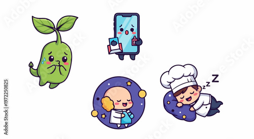 Cute Cartoon Characters - Sprout, Phone, Scientist, and Chef Sleeping.