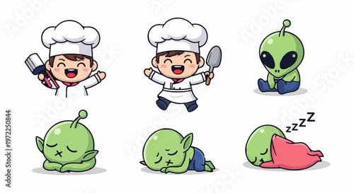 Cute Cartoon Chef Characters and Adorable Alien Illustrations.
