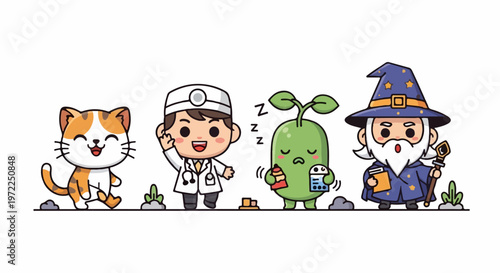 Cute cartoon characters walking happily together in a row.