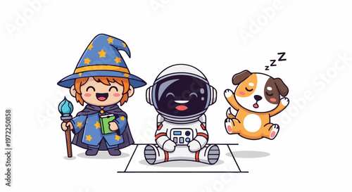 Cute Cartoon Characters - Wizard, Astronaut, and Sleeping Guinea Pig.