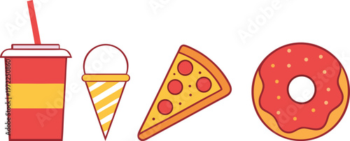 Colorful fast food icons including soda, Ice cream, Pizza slice, And donut