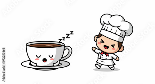 Cute cartoon chef excited to serve a cup of coffee for breakfast.