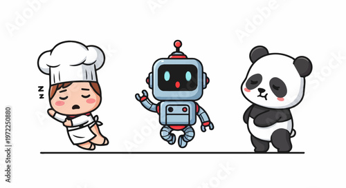 Cute Cartoon Chef Running Away, Robot Waving, Panda Bear Standing.