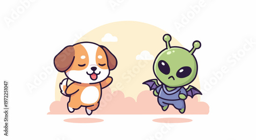 Cute Cartoon Dog and Alien Characters Smiling and Waving.