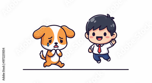 Cute Cartoon Dog Looking Sad While Boy Jumps Happily.
