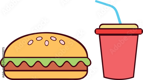 Colorful illustration of a hamburger and a disposable cup with a straw