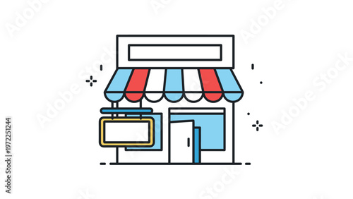 flat vector illustration of a storefront with a colorful striped awning representing a local shop or small boutique shop.