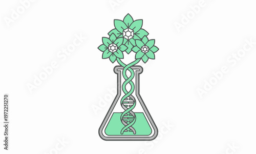 Flat Vector Illustration of a DNA Double Helix Transforming into Flowers inside a Laboratory Flask Representing Plant Biotechnology
