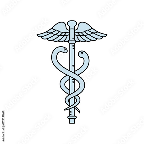 Medical symbol of Caduceus with two snakes and wings isolated on white.