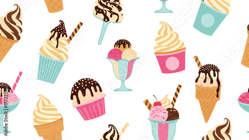 colorful ice cream pattern featuring various cones and sundaes for a sweet and playful summer themed background design.