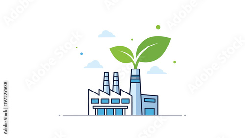 green industry concept with a factory building and large leaves growing from a chimney for environmental sustainability.