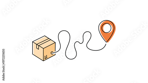 package tracking illustration with a shipping box connected to a map location pin for delivery service status tracking.
