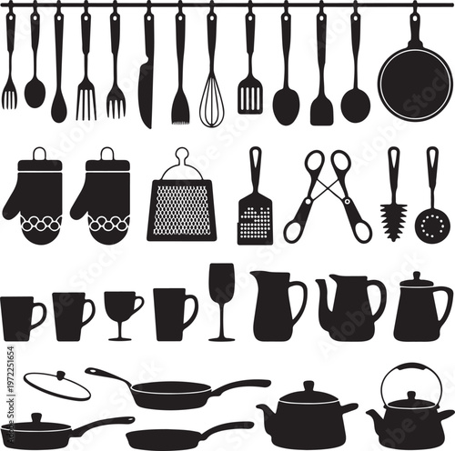 Comprehensive collection of black kitchen utensils and cookware