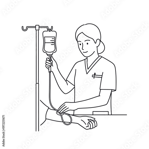 Nurse administering intravenous drip to a patient in a medical illustration.