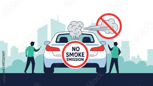 no smoke emission car concept showing a vehicle with a prohibited sign and inspectors for environmental health safety.