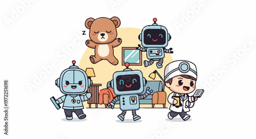 Cute Cartoon Robots and Doctor Characters in a Fun Illustration.